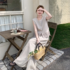 老钱风穿搭时尚木耳边无袖上衣套装女夏新款洋气显瘦阔腿裤两件套，女装套装/套裙，2C258