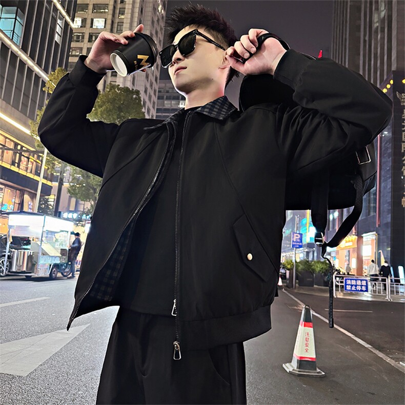 BK02/P108控155春季拼接假两件双头拉链格纹翻领休闲外套男黑首1，女装短外套，星座305B