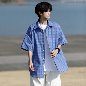 8XL-M短袖衬衫男夏宽松慵懒风痞帅条纹格子衫半袖外套DC28005P40图片
