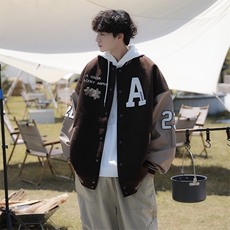 春季美式棒球服男潮咖啡色拼图皮刺绣休闲夹克外套W3781-P55，男装夹克，星座512-2