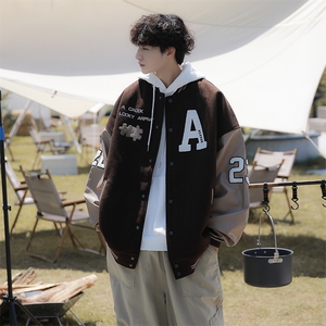春季美式棒球服男潮咖啡色拼图皮刺绣休闲夹克外套 W3781-P55图片