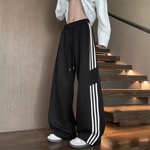 美式条纹卫裤男学生秋季潮牌设计感运动裤子高街百搭直筒阔腿长裤图片