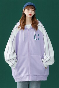 2023春季新品简约笑脸撞色拼接宽松连帽开衫卫衣 B107  P55控68图片