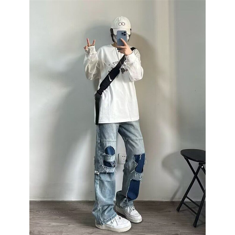 美式复古破洞牛仔裤女春秋款小众设计感拼接直筒裤子宽松阔腿长裤图片