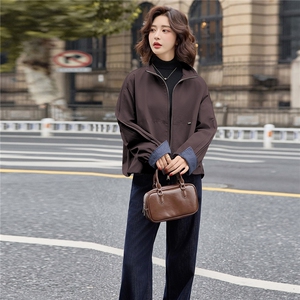 时尚格纹拼接立领短外套女2025秋季新款宽松休闲百搭显瘦夹克上衣图片
