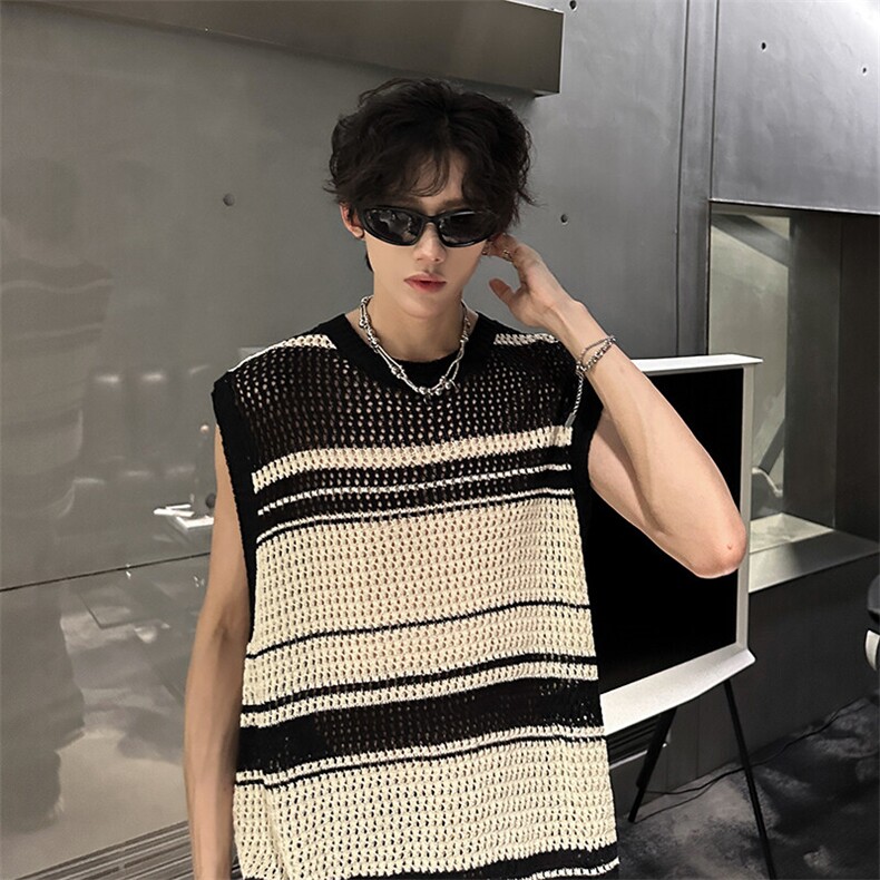 美式条纹撞色宽松无袖针织夏季潮男高街镂空T恤A071-903-P48,男装T恤,电商A071