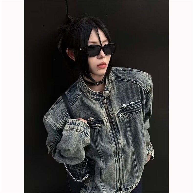现货高街短款牛仔外套男春秋款拉链设计感垫肩情侣款牛仔衣夹克,男装工装外套,星座302B-2