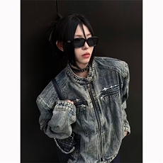 现货高街短款牛仔外套男春秋款拉链设计感垫肩情侣款牛仔衣夹克，男装工装外套，星座302B-2