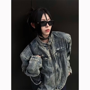 现货 高街短款牛仔外套男春秋款拉链设计感垫肩情侣款牛仔衣夹克图片