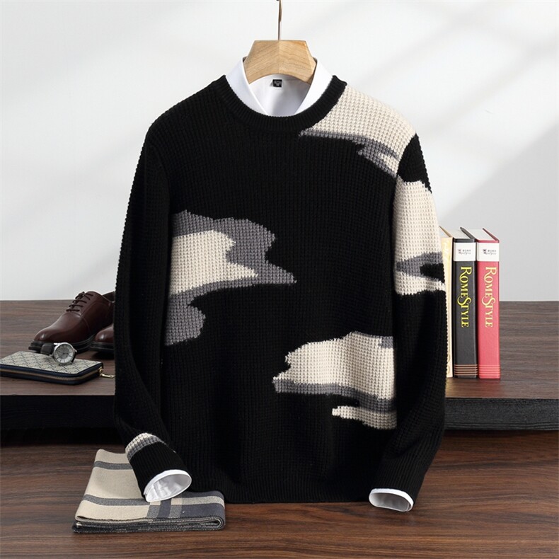 秋冬季35%羊绒休闲商务简约百搭云朵提花圆领羊绒衫男装，男装羊绒套衫，纳丰羊绒