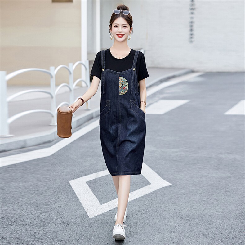 假两件拼接牛仔连衣裙女小个子新款夏季短袖圆领时髦国风背带裙子,女装连衣裙,涵亦佰惠