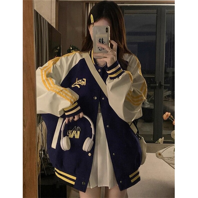 复古条纹撞色棒球服女潮牌宽松春秋插肩袖外套夹克JK005,男装夹克,星座1116A（原606A-3）