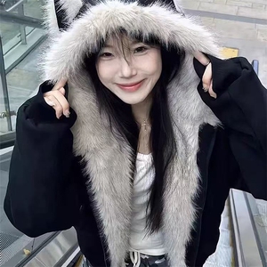 现货重磅硬挺boxy羽绒棉衣座山雕猫耳大毛毛领麂皮棉服冬外套图片