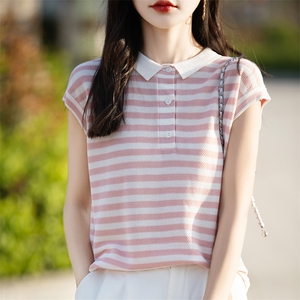 POLO领针织条纹短袖T恤女夏季薄款时尚减龄百搭显瘦撞色翻领上衣图片