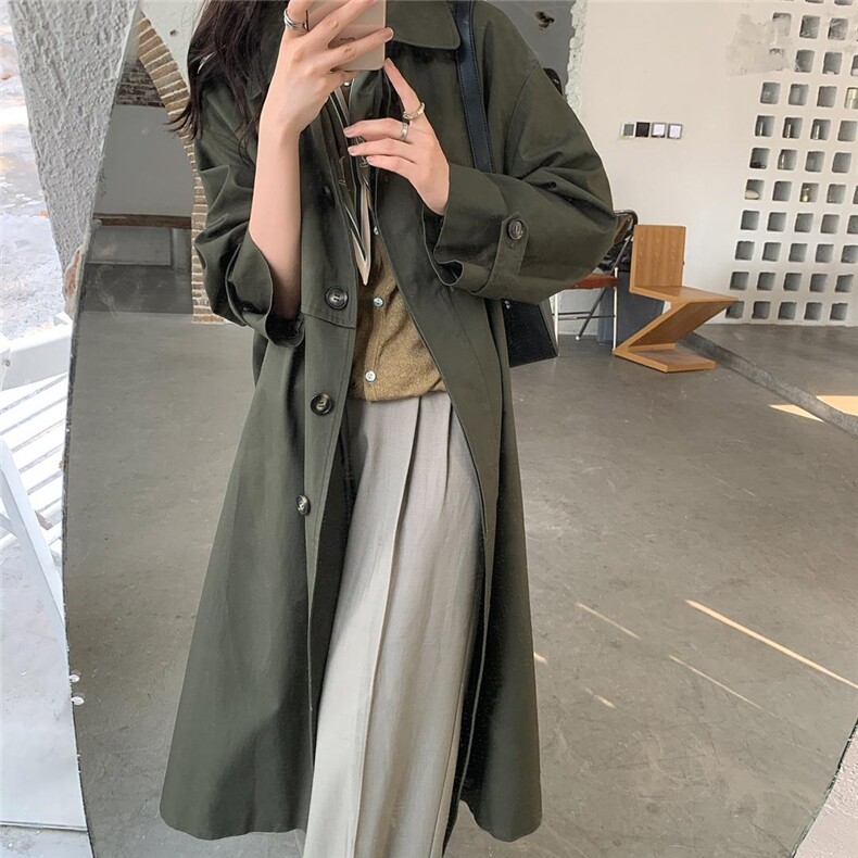 现货日系复古拼色长款风衣，女装风衣，汐美