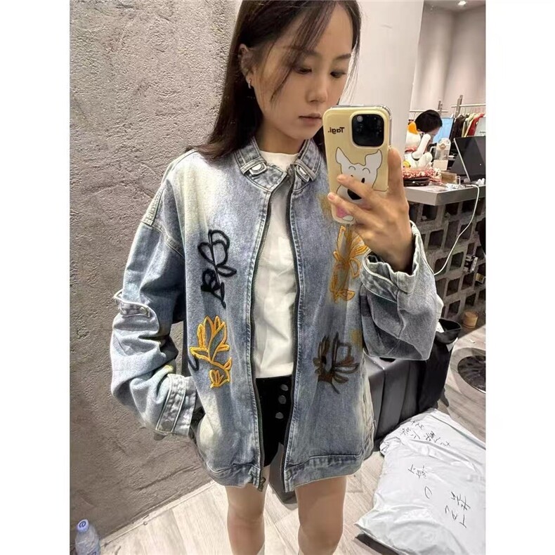 美式街头潮牌花卉刺绣立领夹克男女秋季高街痞帅复古水洗牛仔外套，男装工装外套，星座1210-1