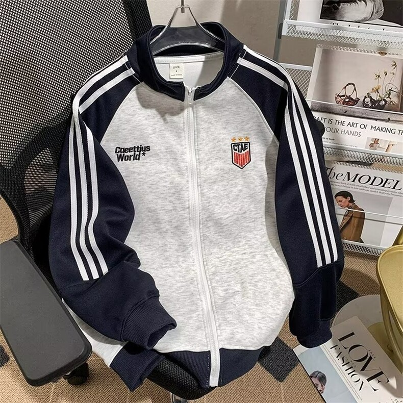 美式三条杠运动卫衣男秋潮撞色外套复古开衫棒球服上衣WY103 P46图片