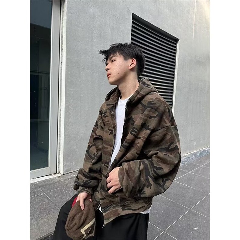 美式复古连帽迷彩卫衣外套女春秋2025新款设感拉链开衫WB526-P49图片