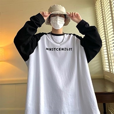 美式复古插肩袖长袖T恤男纯棉拼色插色印花打底长袖T351P38，男装T恤，星座1116-2