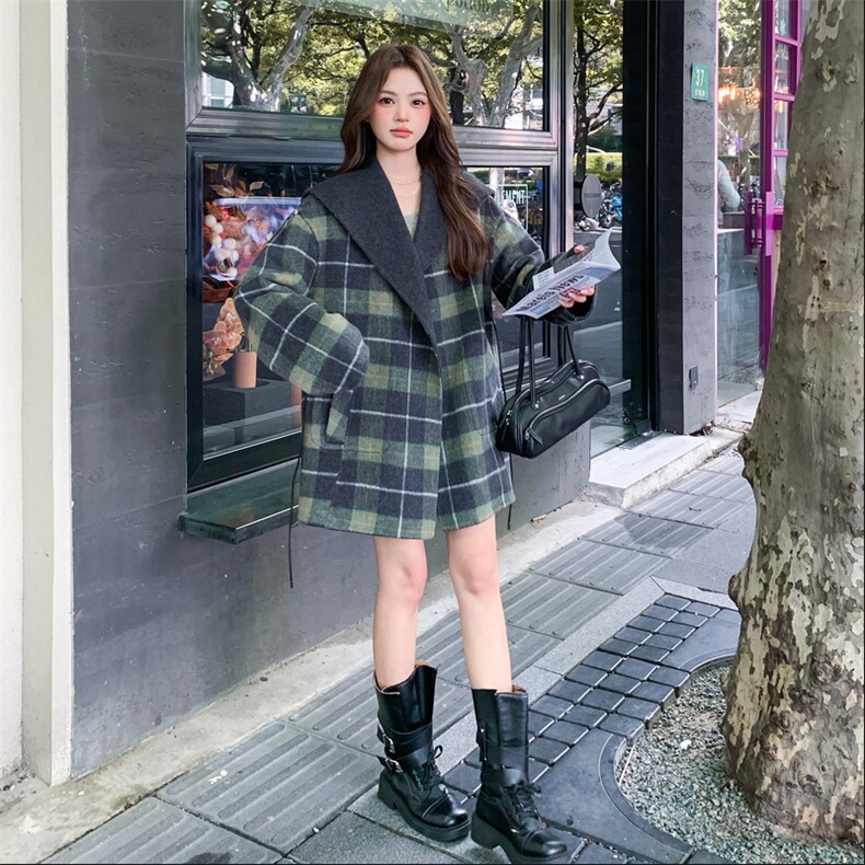 秋冬新款撞色拼接纹领双面羊绒大衣女中长款韩版系带羊毛呢外套女,女装毛呢外套,2C220