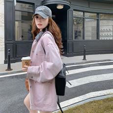 pu皮领拼接粉色工装风衣外套女春秋2025新款学院风减龄上衣夹克，女装短外套，2C372