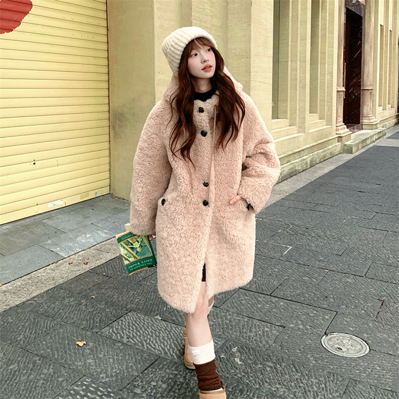 韩版连帽显瘦羊羔毛棉服外套女2025冬季新款宽松加厚皮毛一体上衣,女装皮草,2B113