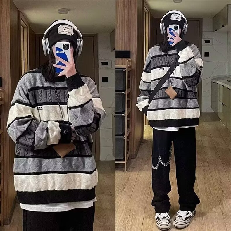 2313-P50美式复古高级感毛衣男春秋款加厚休闲针织衫慵懒风,男装针织衫/毛衣,电商B323A