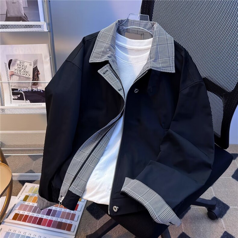 复古格纹拼接假两件棉服外套男女春秋冬季保暖棒球服夹克翻领,男装夹克,星座506A