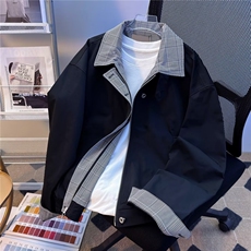 复古格纹拼接假两件棉服外套男女春秋冬季保暖棒球服夹克翻领，男装夹克，星座506A