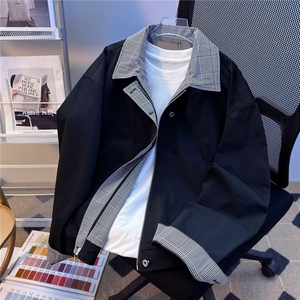 复古格纹拼接假两件棉服外套男女春秋冬季保暖棒球服夹克翻领图片