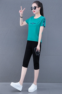 短袖纯棉运动套装女夏季2023新款广场舞跳舞中年妈妈休闲服两件套图片