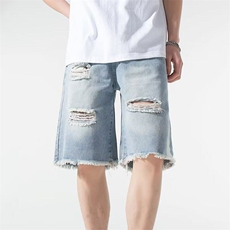 DA37-P40夏季薄款破洞毛边牛仔短裤男宽松潮流百搭休闲五分裤子，男装牛仔裤，星座603-2