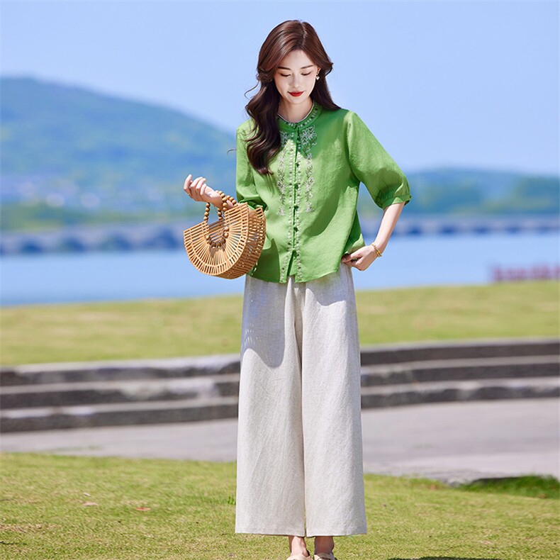 新中式国风套装女2025夏季新款时尚洋气薄款休闲天丝短袖衬衫套装,女装套装/套裙,靓衣阁