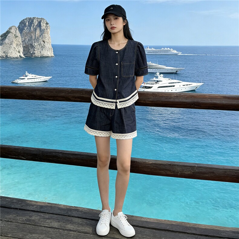 学院风网红时尚套装女夏新款圆领花边设计短袖上衣阔腿短裤两件套，女装套装/套裙，江南