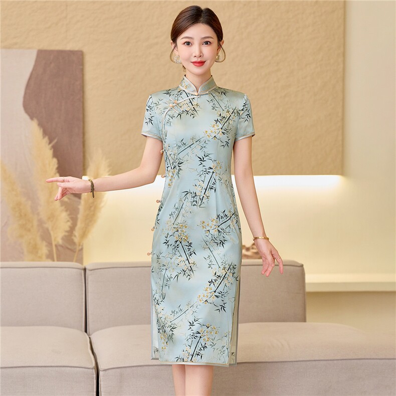 杭州品质真丝中长裙考试专用节节高女春夏日常修身潮流真丝旗袍,女装汉服/婚纱/旗袍/礼服,小荷流