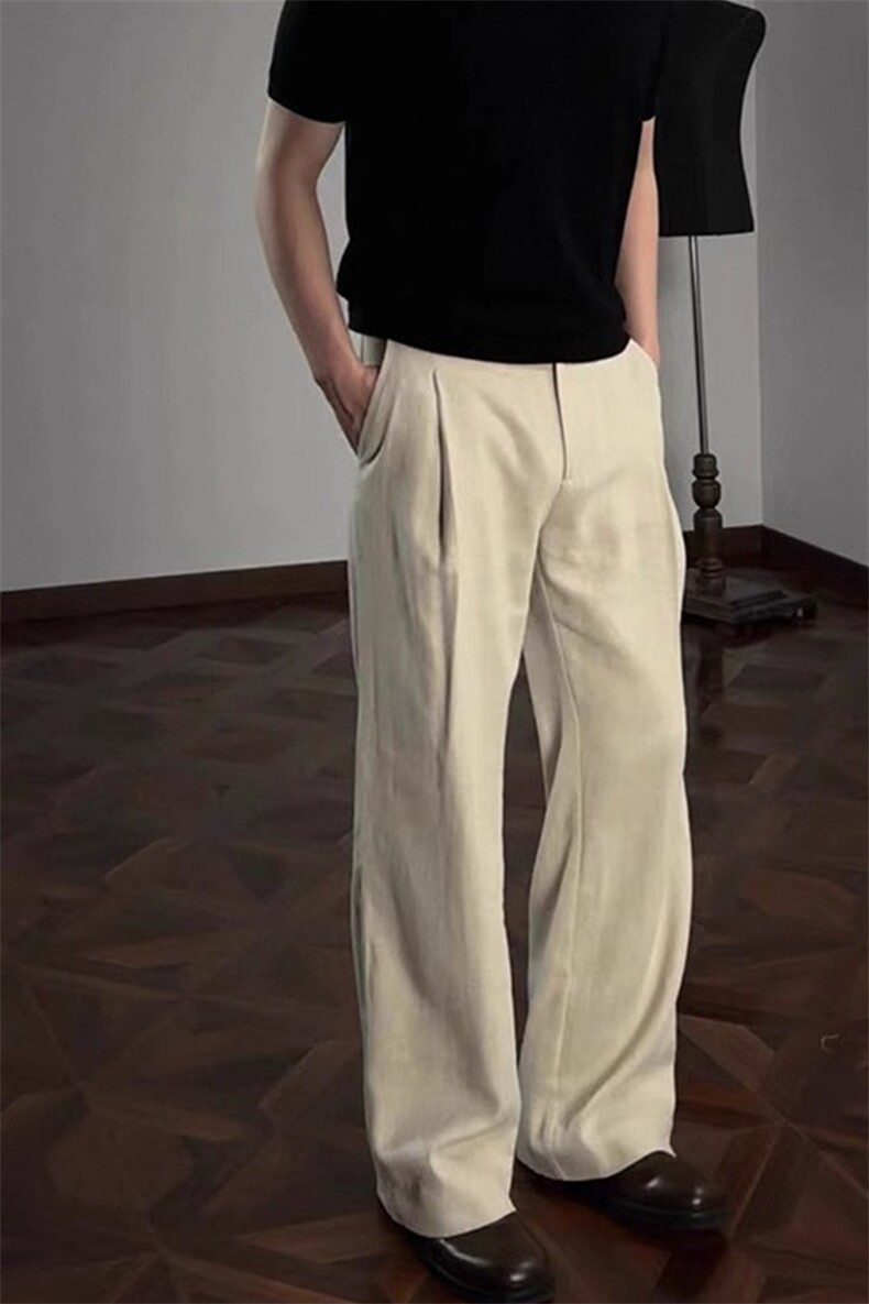 老钱风亚麻长裤A字立体打褶裁剪休闲西裤KZ629特P45,男装西裤,星座908-1
