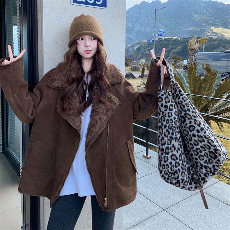 【】咖色两面穿皮毛一体夹克厚外套新款棉服大衣,女装棉衣/棉服,2C269
