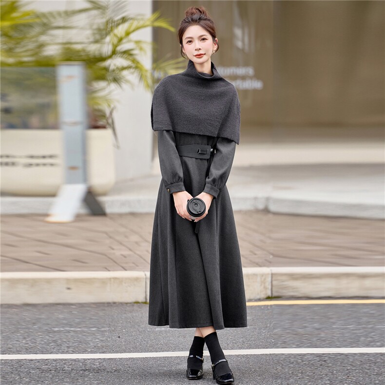 独特漂亮针织斗篷披肩连衣裙女2026春秋新款收腰显瘦减龄气质长裙,女装连衣裙,意芙
