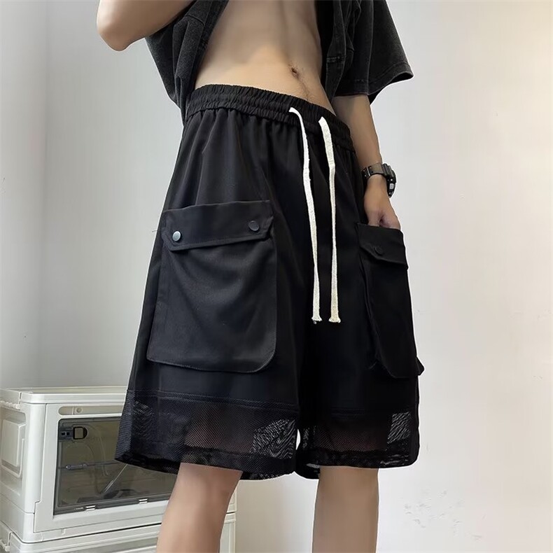 休闲短裤男韩版潮流拼料口袋个性痞帅2024夏季ins五分裤K4171-P34图片