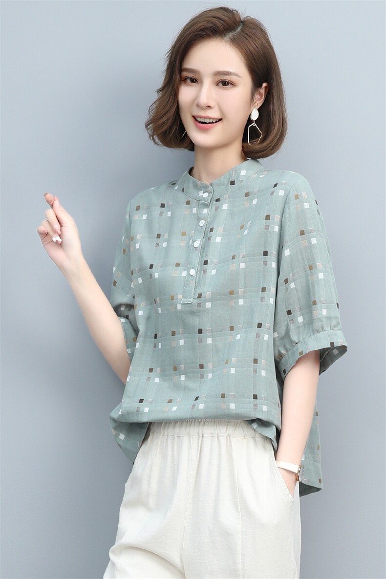 格子棉麻衬衫女夏新款宽松大码休闲短袖妈妈T恤洋气减龄亚麻上衣,女装衬衫,涵誉