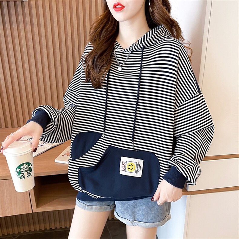 7614高品质朱地条纹复合加绒 大码时尚新款百搭条纹卫衣女P50图片