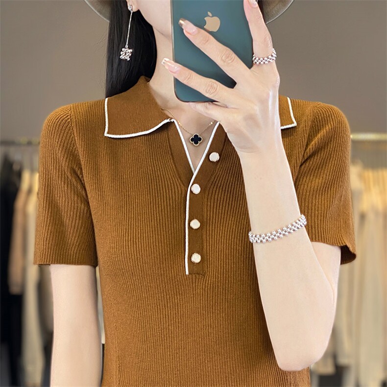 24夏季新款POLO领冰丝针织短袖女拼色纽扣T恤上衣宽松半袖打底衫,女装T恤,秋虹羊绒