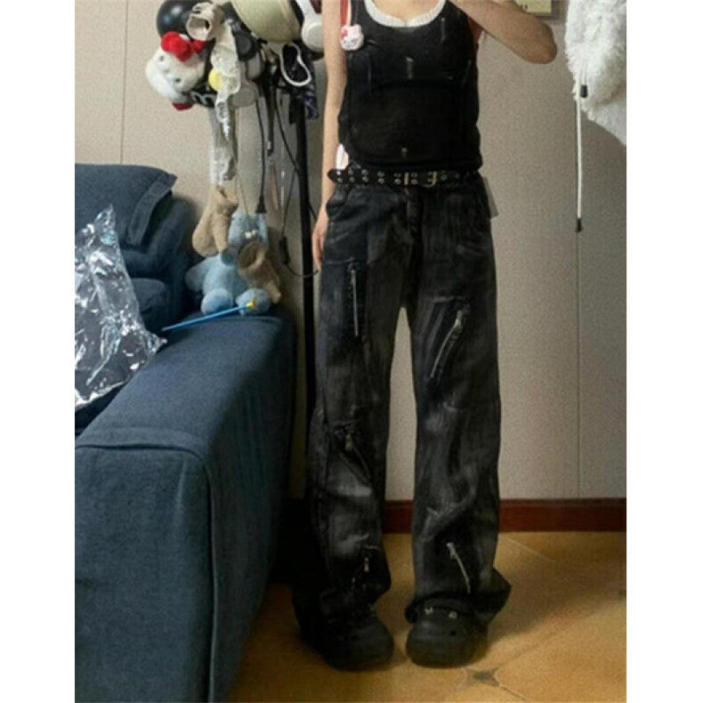 重磅水洗拉链复古牛仔裤男设计感微喇刷漆扎染裤子N6696,男装牛仔裤,星座1116A（原606A-3）