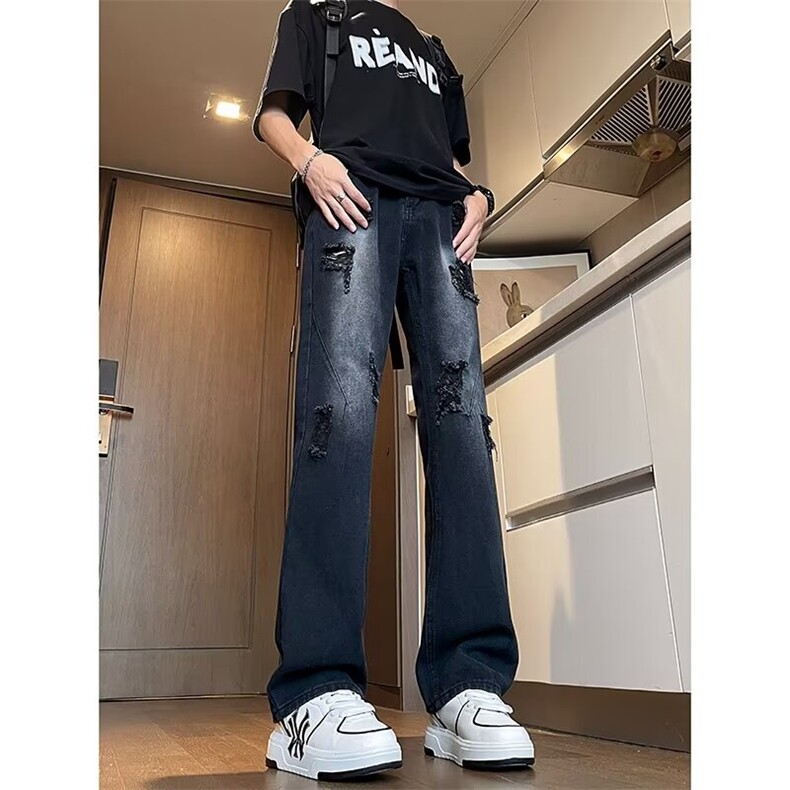 美式牛仔裤男夏季破洞设计感美式高街vibe直筒微喇裤A1700-p45,男装牛仔裤,星座1008