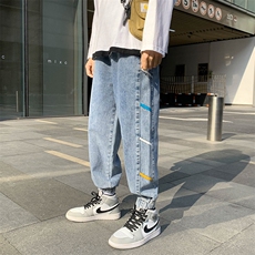 男装裤男春季新款港风休闲宽松束脚牛仔裤彩条拼接百搭K335-P45，男装牛仔裤，星座505-3