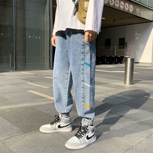 男装裤男春季新款港风休闲宽松束脚牛仔裤彩条拼接百搭K335-P45图片