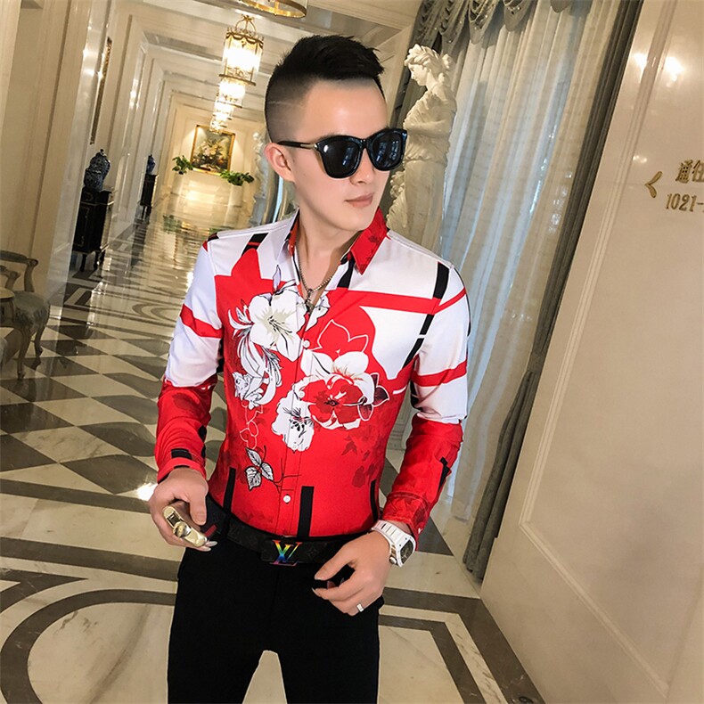 2021春秋衬衫社会男长袖上衣印花男装韩版修身四季潮流衬衣Q872-P55图片
