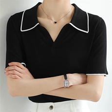 2025夏季薄款冰丝针织T恤女翻领短袖宽松纯色大码凉感polo上衣，女装T恤，朝辰羊绒