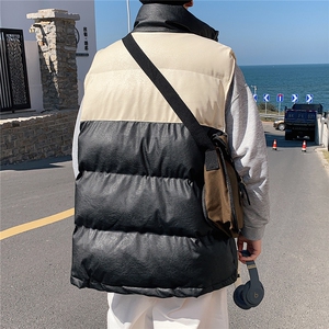 2026秋冬装羽绒棉马甲男加厚拼色立领PU皮坎肩 MJ17588/P85 杏色图片