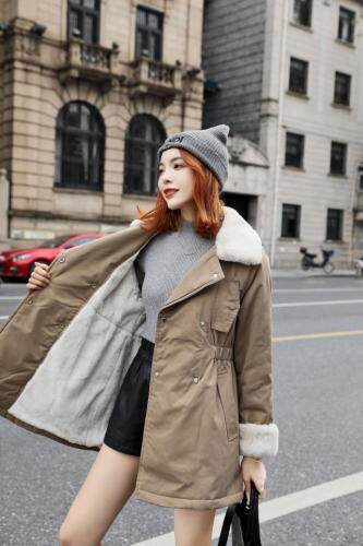 2021冬款新款袖口拼绒收腰设计款派克服，女装，红雀纺